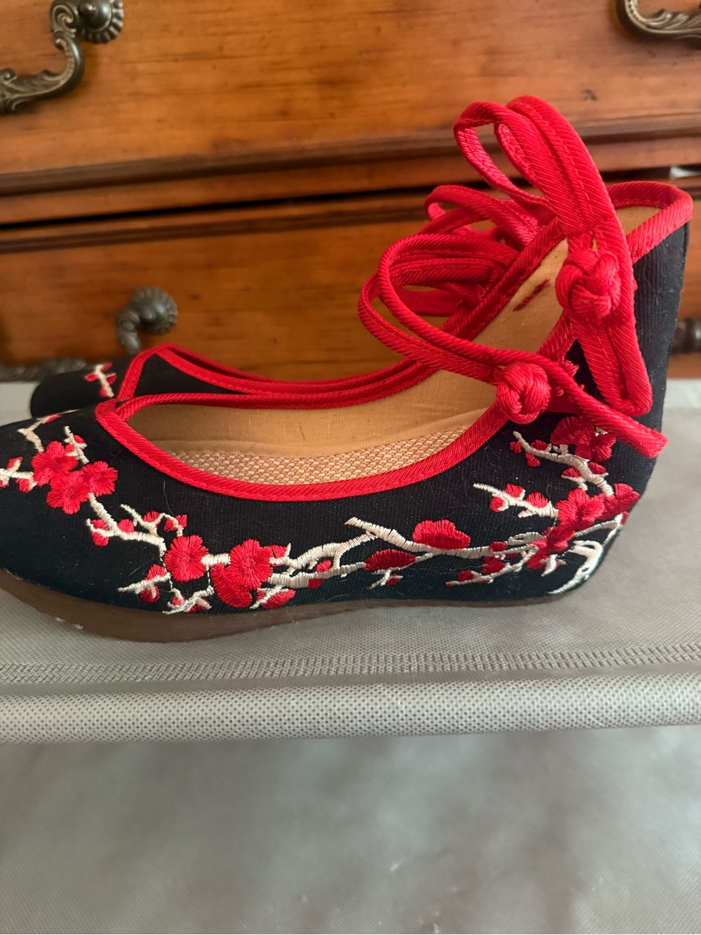 Black & Red Embroidered Floral Wedge Shoes with Ankle Tie